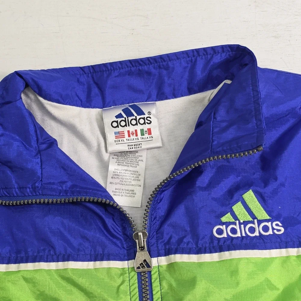 Vintage Adidas Track Jacket 3 Stripes Logo Green Blue‎ Colorblock Lined Youth XL